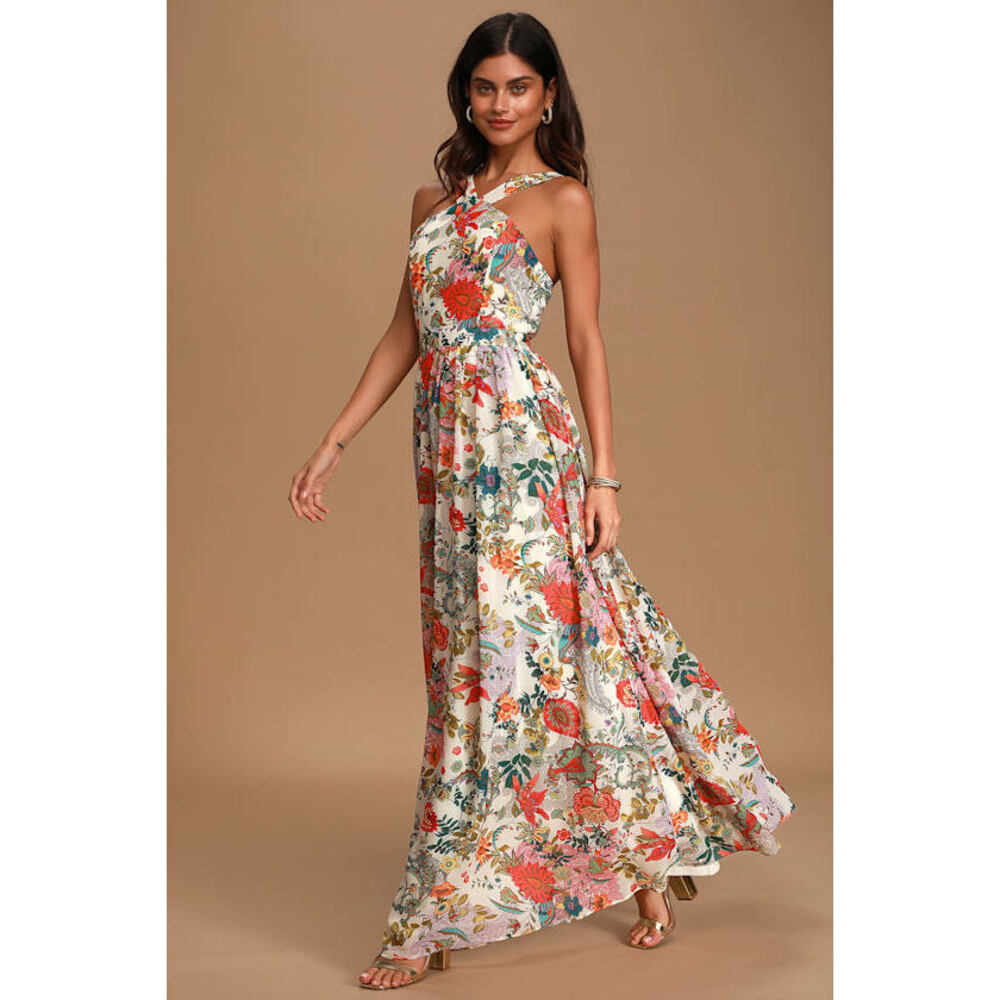 Lulus Lilja Cream Floral Print Maxi Dress Beige - Size S